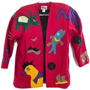 Girasol Jacket Womens Small Red Folk Art Animal Applique Cotton Boho Colorful
